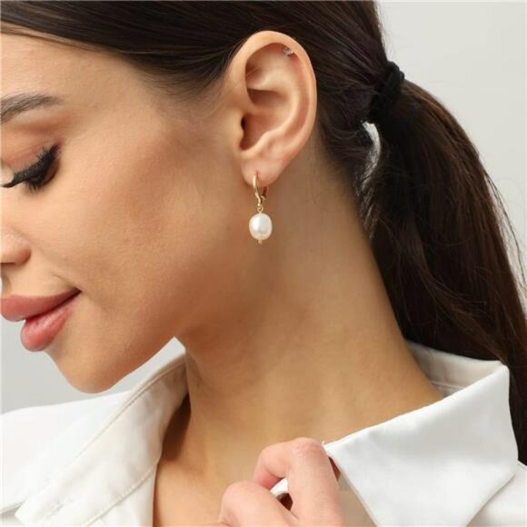 Gold Huggie Hoop Earrings for Women Pearl Drop Dangle Hypoallergenic Jewelry - Picture 4 of 7